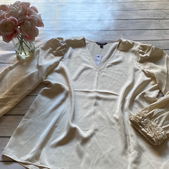 Express Pearl Button Pleated Cuff V-Neck Top in Swan Size Large - Picture 2 of 11